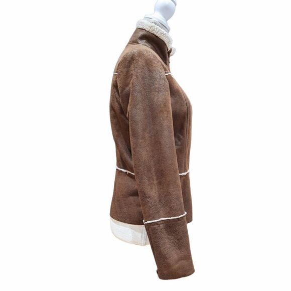 Prana Faux Suede Sherling Leather Sherpa Lining Dark Brown Zip Up Jacket Size XS - Picture 6 of 13